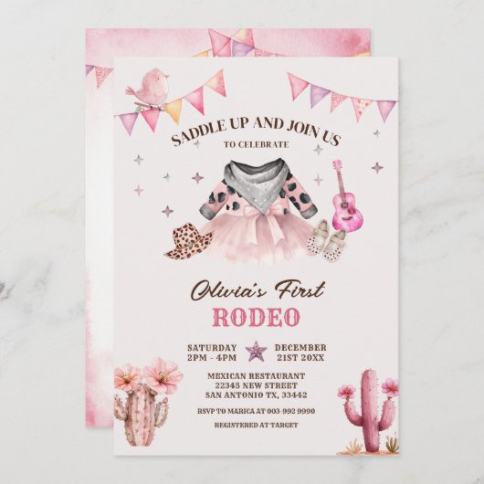 我々リトル女性のカーボーイウエスタンファーストロデオ誕生日 招待状 (正面/裏面)