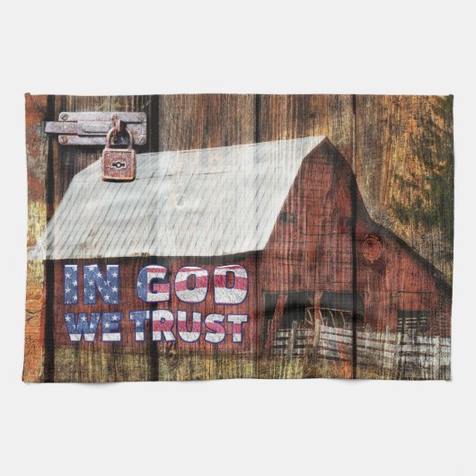 我々素朴が信頼する神にラッチ付きの赤い色あせた納屋 キッチンタオル (横)