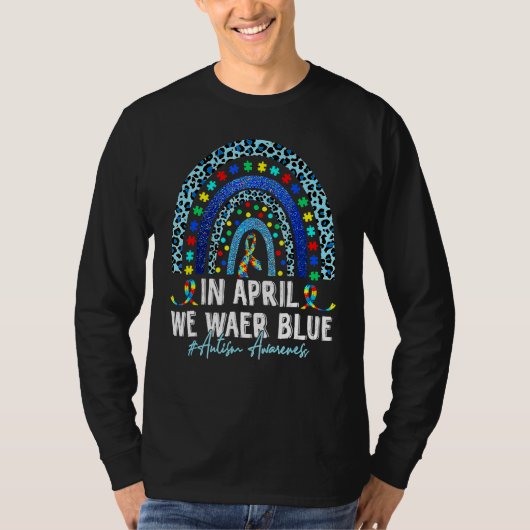 我々衣服ブルー自閉症意識レインボーヒョウ Tシャツ (正面)