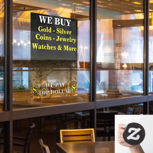 我々買金ゴールド銀コインジュエリーショップ巨大 ウィンドウサイン (レストラン窓)