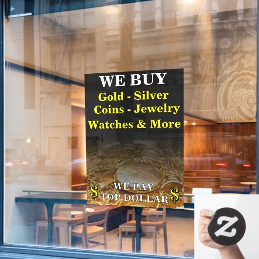 我々買金ゴールド銀コインジュエリーショップ巨大 ウィンドウサイン (カフェ窓)