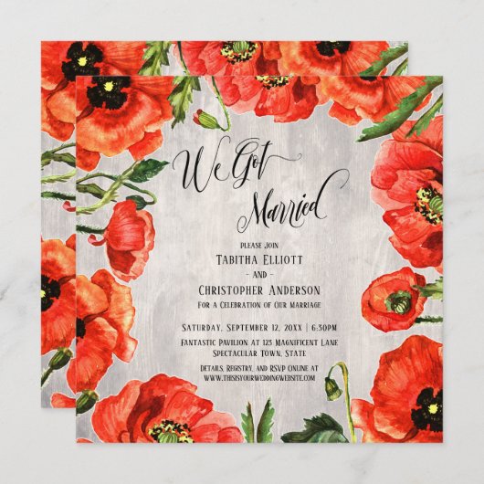 我々赤得いケシ結婚したの木の披露宴のみ 招待状 (正面/裏面)