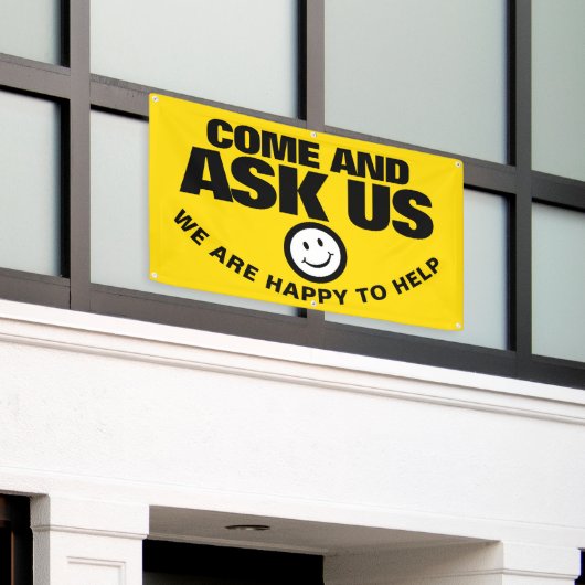 我々頼は黄色の黒いスマイルに幸せ救済である 横断幕 (ビルの外側)