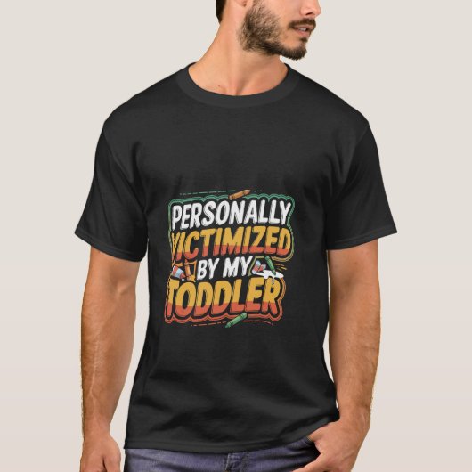 我が子に振り回される親の悲哀を描いたタイヤ Tシャツ (正面)