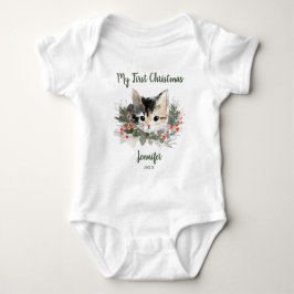 我が子の初めてのクリスマスの三毛猫の子猫Tシャツ ベビーボディスーツ