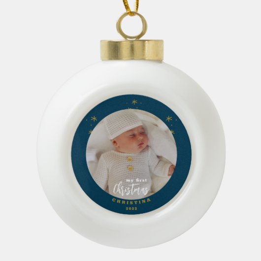我が子の初めてのクリスマスの写真 セラミックボールオーナメント (正面)