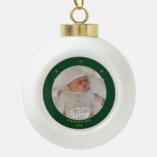 我が子の初めてのクリスマスの写真 セラミックボールオーナメント (正面)