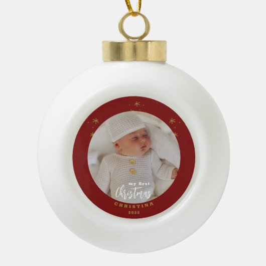 我が子の初めてのクリスマスの写真 セラミックボールオーナメント (正面)