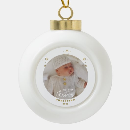 我が子の初めてのクリスマスの写真 セラミックボールオーナメント (正面)