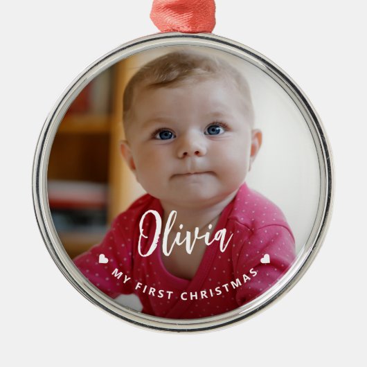 我が子の初めてのクリスマスの思い出の赤ちゃんの写真 メタルオーナメント (正面)