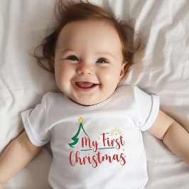 我が子の初めてのクリスマス グリーンツリー ベビーTシャツ