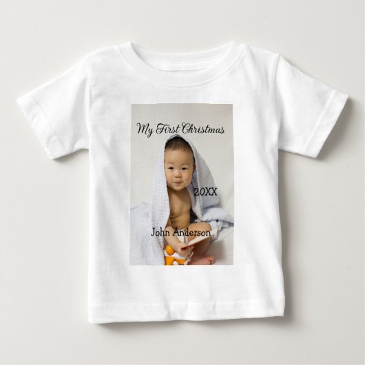 我が子の初めてのクリスマス 名前と日付と年と写真 ベビーTシャツ (正面)