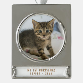我が子の初めてのクリスマス 猫 写真の記念品 シルバープレートバナーオーナメント