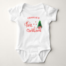 我が子の初めてのクリスマス 赤いクリスマスツリーとプレゼント ベビーボディスーツ