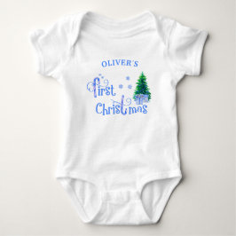 我が子の初めてのクリスマス 青いクリスマスツリーとプレゼント ベビーボディスーツ