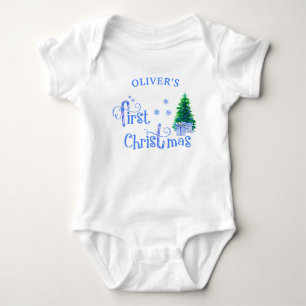 我が子の初めてのクリスマス 青いクリスマスツリーとプレゼント ベビーボディスーツ