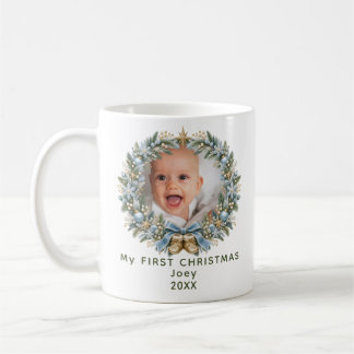 我が子の初クリスマス 新生児 ブルー スノーフレーク コーヒーマグカップ