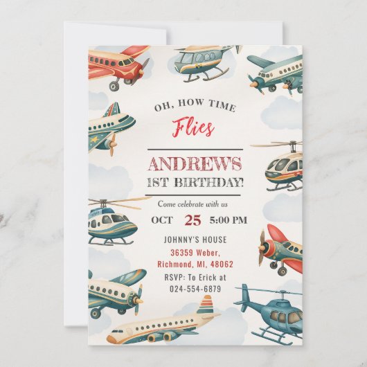 我が子の1歳誕生日パーソナルボーイタイムフライ 招待状 (正面)