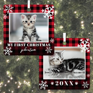 我が家の初めてのクリスマスプレイド猫写真 メタルオーナメント
