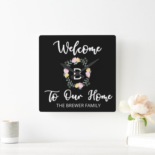 我が家の時計へようこそパーソナライズされた スクエア壁時計 (ホーム)