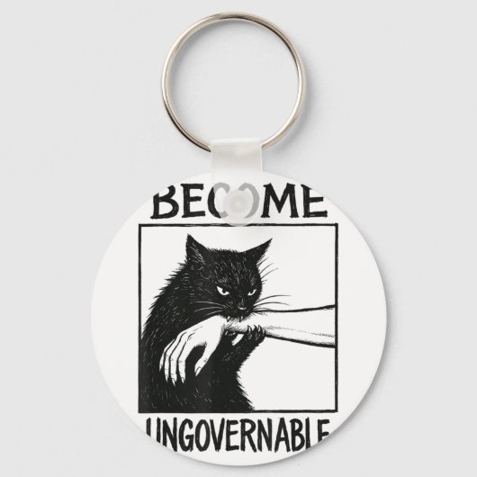 我慢できない黒猫の噛む手おもしろいCa キーホルダー (正面)