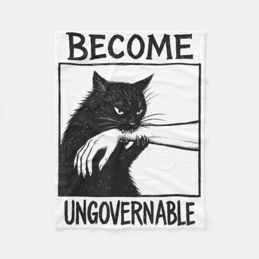 我慢できない黒猫の噛む手おもしろいCa フリースブランケット (正面)