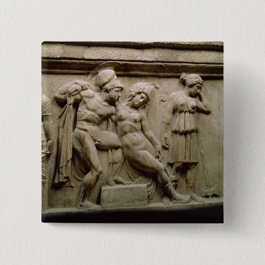 戦いを示す場面のギリシャの石棺 缶バッジ (正面)