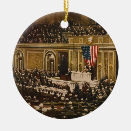 戦争を宣言するために議会に尋ねているウッドロウ・ウィルソン セラミックオーナメント (正面)