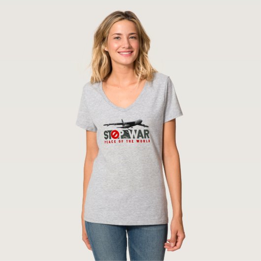 戦争を止めろ (ライトモード) | 女性用Vネック Tシャツ (正面フル)