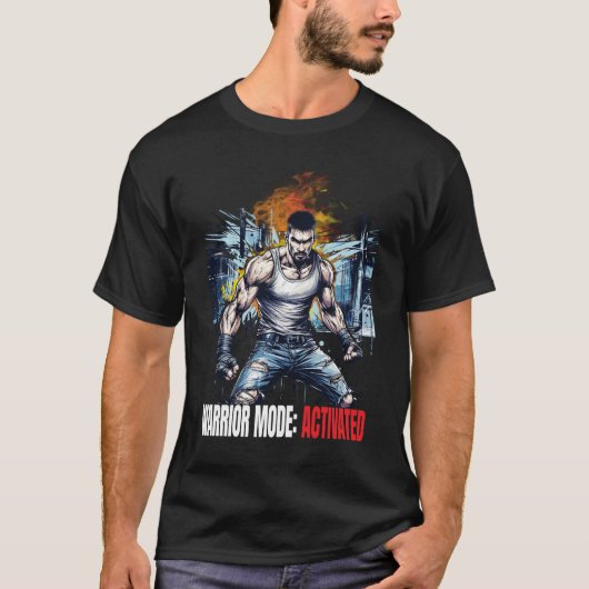 戦士モード有効化メンズブラック Tシャツ (正面)