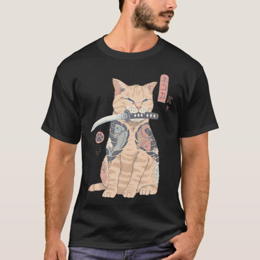 戦士猫サムライ猫タトゥーアート Tシャツ (正面)