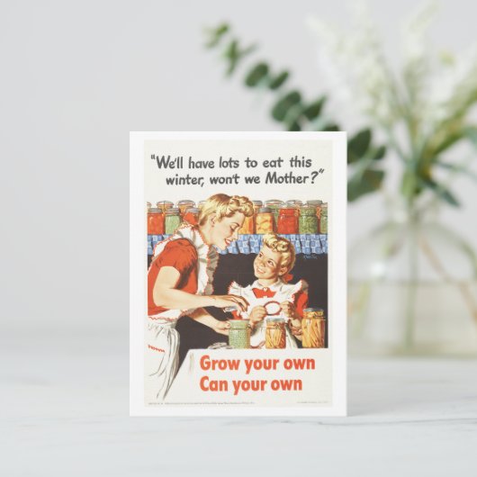 戦時中の「自分で育て、自分で育てる」ヴィンテージ ポストカード (スタンド正面)