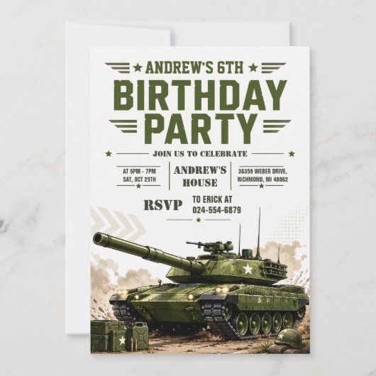 戦車の誕生日パーソナライズ 招待状 (正面)