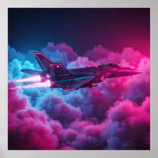 戦闘機ジェット機が雲のポスターの上カラフルに ポスター (正面)
