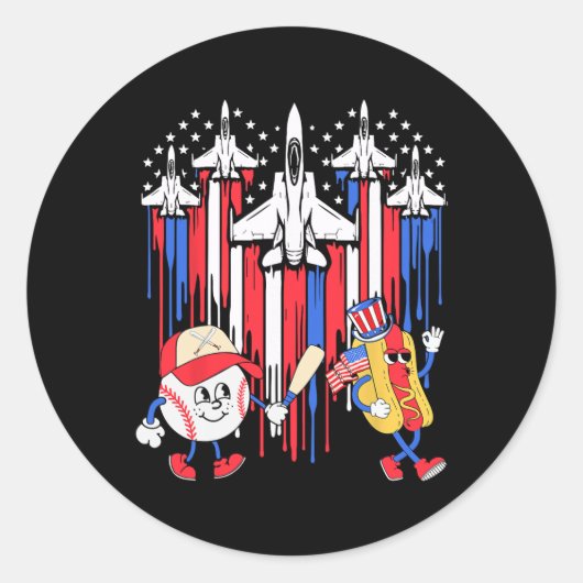 戦闘機ジェット機Usa国旗の野球7月4日 ラウンドシール (正面)