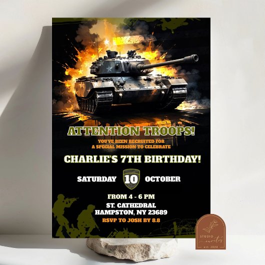 戦闘機兵士戦車迷彩誕生日おめでとう少年 招待状