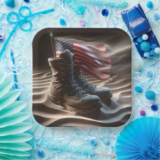 戦闘用ブーツ付きアメリカ国旗 ペーパープレート (パーティー)