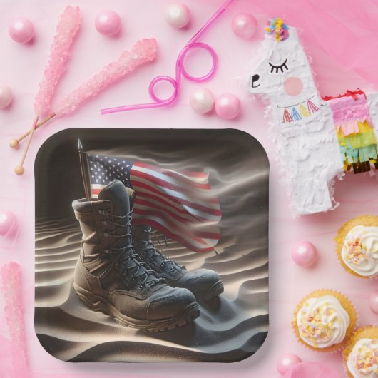 戦闘用ブーツ付きアメリカ国旗 ペーパープレート (パーティー)