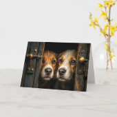 戸口からのぞいている犬 カード (黄色い花)