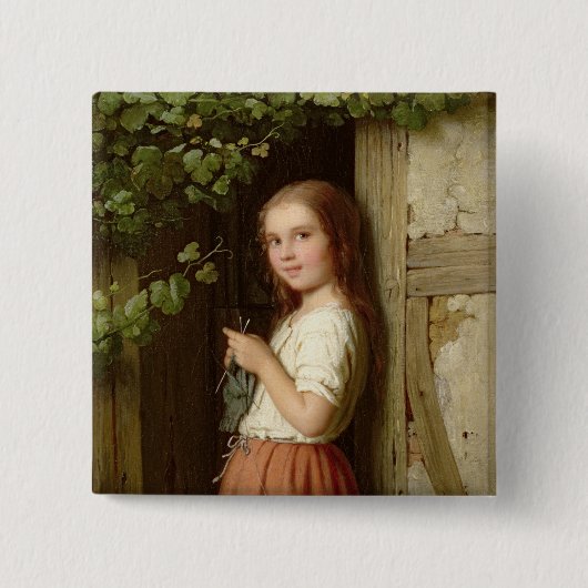 戸口の編み物に立っている若い女の子1863年 缶バッジ (正面)