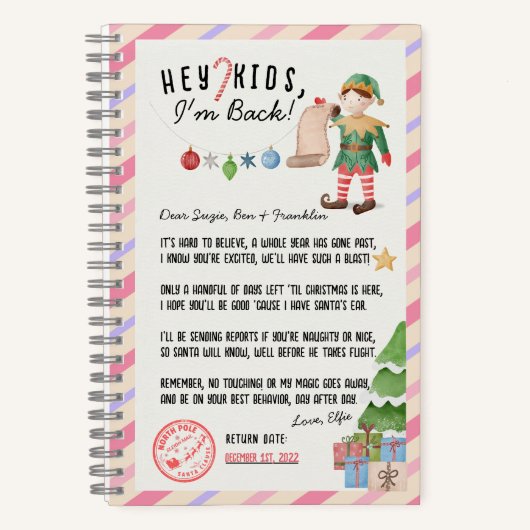 戻った！クリスマス小妖精や小人返信用状ログ子供へ ノートブック (正面)