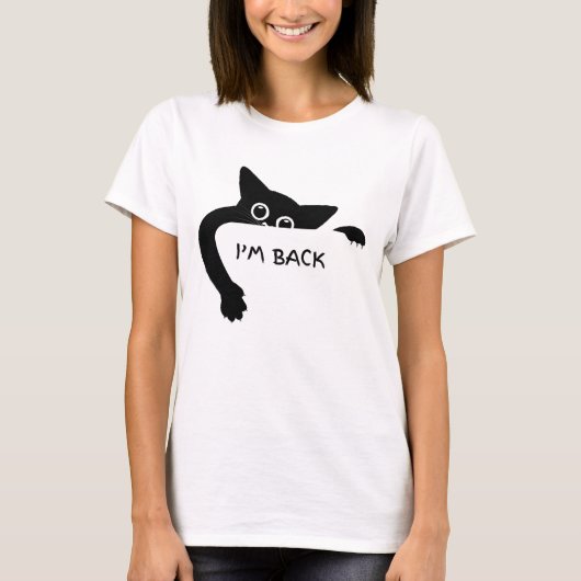 戻ってきたよ 面白い黒猫 グラフィックTシャツデザイン Tシャツ (正面)