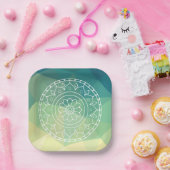 房保インド曼荼羅の花の緑の黄色デザイン ペーパープレート (パーティー)