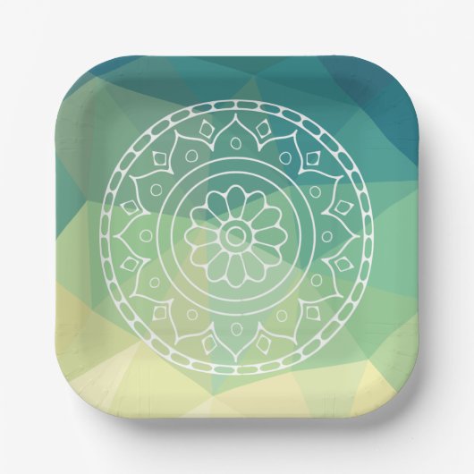 房保インド曼荼羅の花の緑の黄色デザイン ペーパープレート (正面)