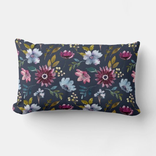 房保トレンディー花文ネイビーエレガントブルー ランバークッション (正面)