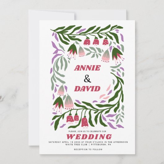 房保レトロな枝と民俗花結婚の花 招待状 (正面)