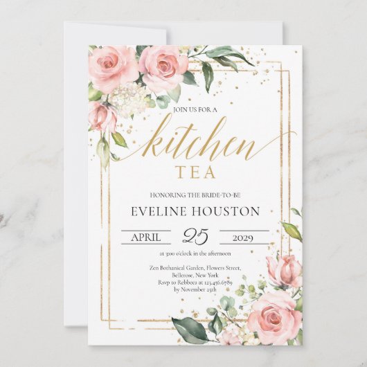 房保赤面ピンクフローラ金ゴールドフレームキッチンティー 招待状 (正面)