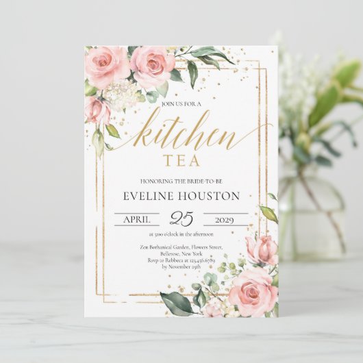 房保赤面ピンクフローラ金ゴールドフレームキッチンティー 招待状 (スタンド正面)
