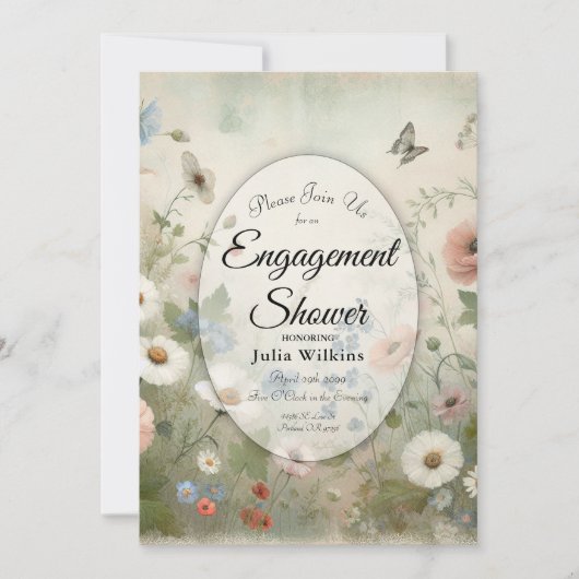 房保開花とヴィンテージ花婚約シャワー 招待状 (正面)