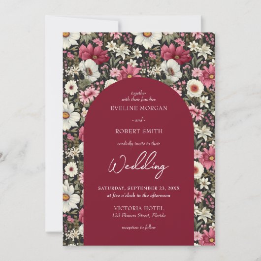 房方ブルゴーニュのピンクと白い野生の花 招待状 (正面)